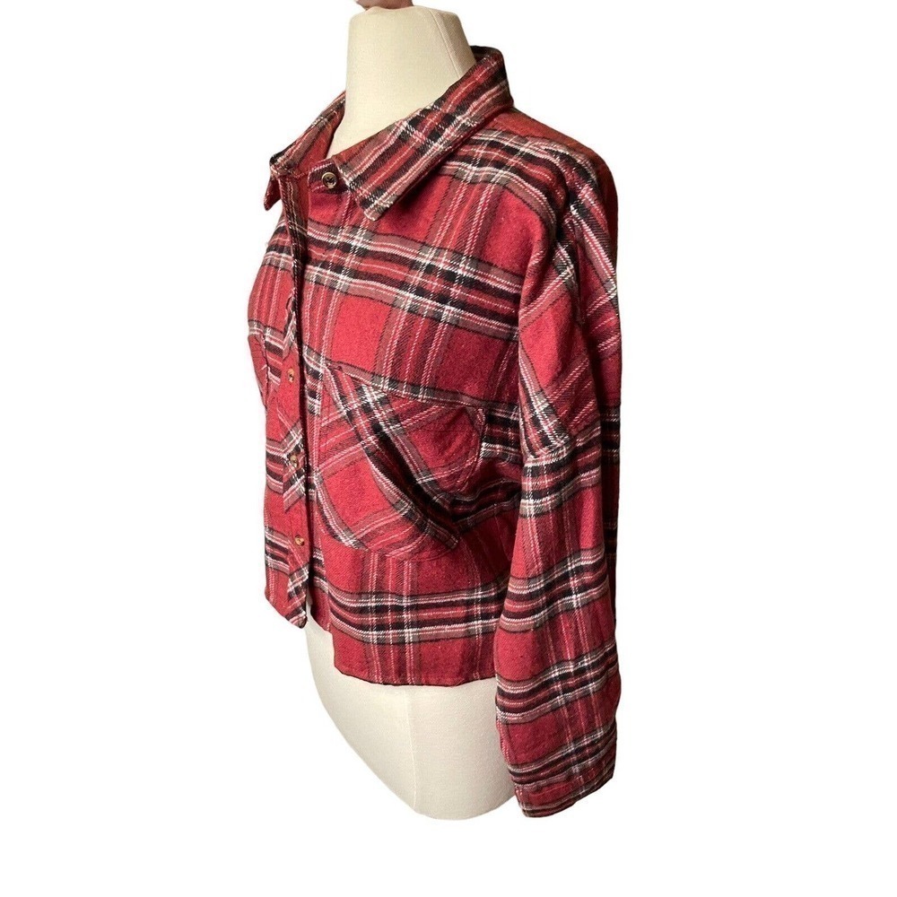 CiSono NEW Cropped Flannel Plaid Shirt Brick Red Women’s XL Grunge Casual - Picture 2 of 9